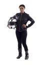 Black Female Racer or Biker or Stunt Woman Holding a Helmet Royalty Free Stock Photo