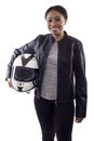 Black Female Racer or Biker or Stunt Woman Holding a Helmet Royalty Free Stock Photo