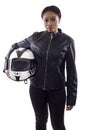 Black Female Racer or Biker or Stunt Woman Holding a Helmet Royalty Free Stock Photo