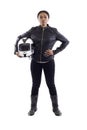 Black Female Racer or Biker or Stunt Woman Holding a Helmet Royalty Free Stock Photo