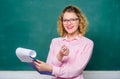 Confident student studying. girl teacher at lesson. new school year. Girl prepare for exams. teacher with document Royalty Free Stock Photo