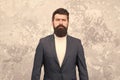 Confident and successful. Man handsome bearded businessman wear luxury formal suit. Menswear and fashion concept. Guy