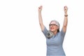 Mature older business person CEO cheering accomplishment, success, winner, celebrating with arms and fists raised in the air, isol Royalty Free Stock Photo