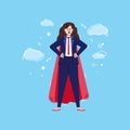 Confident superhero woman cartoon character in formal suit, vector illustration.