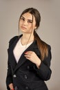 Confident teacher woman wear black formal suit business outfit, smart girl concept