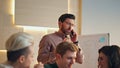 Team leader talking phone at office corporate meeting close up. Partners working Royalty Free Stock Photo