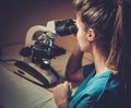 Confident veterinarian examining the test under the microscope in Veterinary clinic. Royalty Free Stock Photo