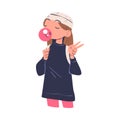 Confident Woman Character Blowing Gum Bubble with Satisfied Face Showing V Sign Gesture Expressing Self Pride Vector