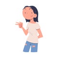 Confident Woman Character with Satisfied Face Showing V Sign Gesture Expressing Self Pride Vector Illustration