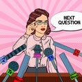 Confident Woman Giving Press Conference. Mass Media Interview. Pop Art illustration