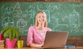 Confident woman with laptop working online teacher. Modern education. Back to school. Remote education. Student adorable Royalty Free Stock Photo