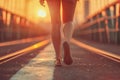 Confident Woman Walking on Urban Bridge at Sunset. Generative ai