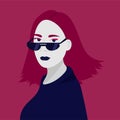 Confident women wear sunglasses. Beautiful female avatar. Pink hair girl portrait.