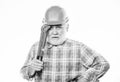 Confident worker. man builder with adjustable pipe wrench. build and construction. professional repairman in helmet with Royalty Free Stock Photo