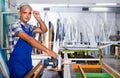 Confident workman ready to working on circular saw