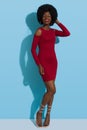 Confident Young Black Woman Is Posing In Elegant Red Mini Dress And High Heels Sandals Royalty Free Stock Photo