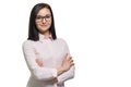 Confident young business woman with crossed arms in glasses pink shirt on white isolated background Royalty Free Stock Photo