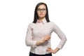 Confident young business woman in glasses pink shirt on white isolated background