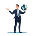 Confident young businessman holding the whole world in his hands. Earth globe Royalty Free Stock Photo