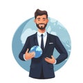 Confident young businessman holding the whole world in his hands. Earth globe Royalty Free Stock Photo