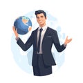 Confident young businessman holding the whole world in his hands. Earth globe Royalty Free Stock Photo