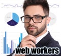 Confident businessman and schemes. Web workers