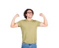 Confident young man flexing muscles imagine superpower. Nerd guy wears eyeglasses shows his strength, positive face expression