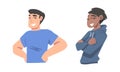 Confident Young Man and Woman Standing with Hands on Hips and Folded Arms Expressing Self Pride Vector Set
