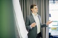 Confident young team leader or manager standing in front of a flip chart and present project on office Royalty Free Stock Photo