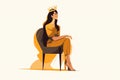 Confident young woman in crown sitting on chair. Smiling girl in golden accessory show confidence and high self-esteem