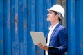 Confident businessman using laptop to control loading container in the cargo shipping area Royalty Free Stock Photo