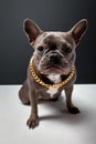 Confidently looking French Bulldog dog with round face, dark brown fur wool posing.