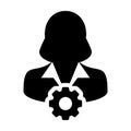 Configuration icon vector female person profile avatar with gear cogwheel for settings in flat color glyph pictogram Royalty Free Stock Photo