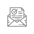 Confirmation letter, checked, envelope with document and check mark, successful e-mail delivery, verification line icon.