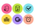 Confirmed, Company and Face search icons set. Report document, Update time and Alarm clock signs. Vector