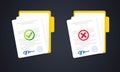 Confirmed and declined document. Contract document icon. Paper documents in folder with stamp and text. Vector on isolated