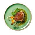 Confit De Canard On A Limegreen Round Plate, French Dish. Generative AI