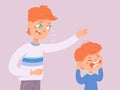 Conflict of angry father and crying son, dad screaming to unhappy kid covering ears