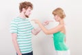 Couple pointing fingers at each other, conflict Royalty Free Stock Photo