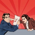 Conflict Between Businessman and Businesswoman. Disagreement on Business Negotiations. Pop Art. Royalty Free Stock Photo