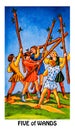 Five 5 of Wands Tarot Card Conflict Chaos Commotion Unruly Boisterous Struggle Inner Struggle Royalty Free Stock Photo