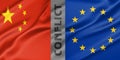 Conflict China and Europe, war between China vs Europe, fabric national flag China and Flag Europe, war crisis concept. 3D work