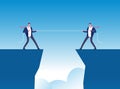 Conflict concept. Businessmen pulling rope over precipice. Business rivalry and competition vector background