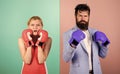 Conflict concept. Man and woman boxing fight. Family life. Complicated relationships. Couple romantic relationships Royalty Free Stock Photo