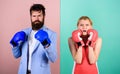 Conflict concept. Man and woman boxing fight. Family life. Complicated relationships. Couple romantic relationships Royalty Free Stock Photo