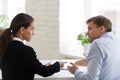 Conflict of female boss and male office worker Royalty Free Stock Photo