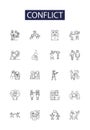 Conflict line vector icons and signs. Fight, Discord, Antagonism, Friction, War, Strife, Argument, Tension outline