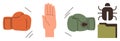 Conflict, resistance, and problem-solving symbols with boxing gloves, a hand gesture, and a bug in a folder Royalty Free Stock Photo