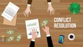 Conflict resolution concept illustration with two people discuss and money, paperworks, folder document and vase on top Royalty Free Stock Photo