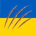 Conflict Ukraine-Russia. Flag of Ukraine. War in Ukraine. Nail trace. Ragged edges. Red claw animal track. Vector